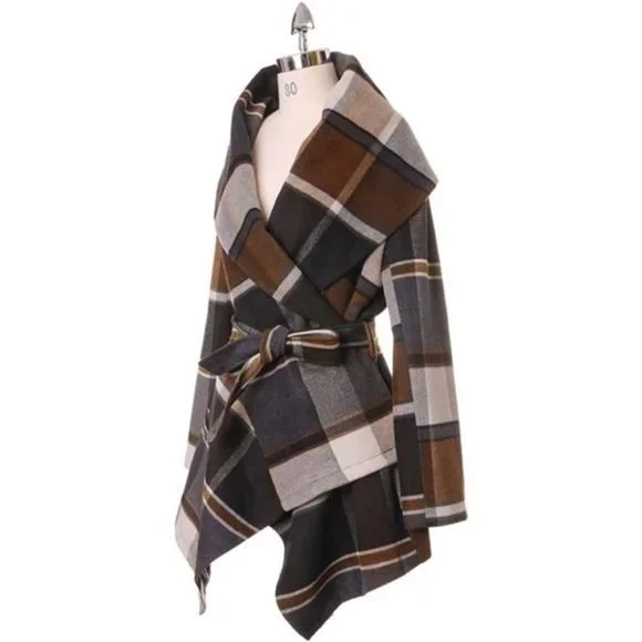 Women's Turn Down Shawl Collar Earth Tone Check Asymmetric Hemline Wool Coat - Picture 4 of 4